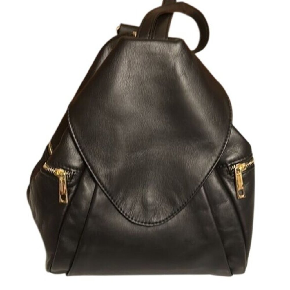 Unica Black Leather Backpack Purse With Gold Zipper Pockets & Adjustable Straps
